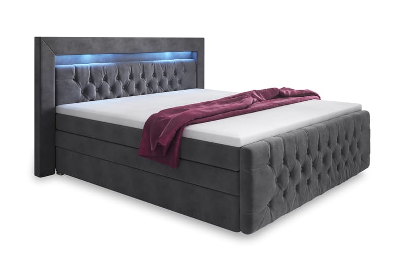 Franco Lyx Sengepakke 180x200 LED-belysning - Grå/Fløyel - Komplett sengepakke - Seng med oppbevaring - Dobbeltsenger
