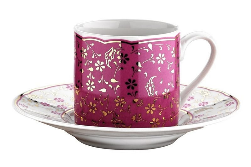 Adine Kaffeservise 12 Deler Porselen - Hvit/Rosa/Gull - Kaffekopp & kaffekrus - Porselen - Mugger & kopper