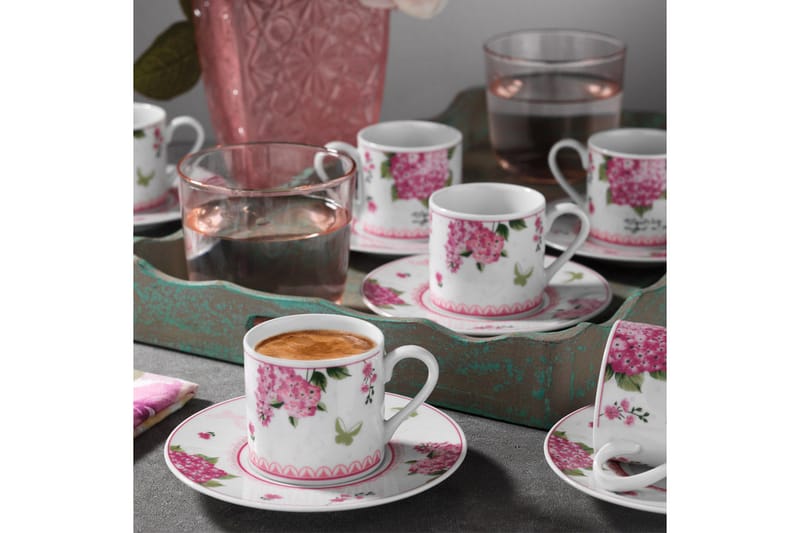 Adine Kaffeservise 12 Deler Porselen - Hvit/Rosa/Grønn - Kaffekopp & kaffekrus - Porselen - Mugger & kopper