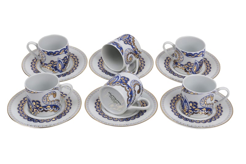 Adine Kaffeservise 12 Deler Porselen - Hvit/Gull/Blå - Kaffekopp & kaffekrus - Porselen - Mugger & kopper