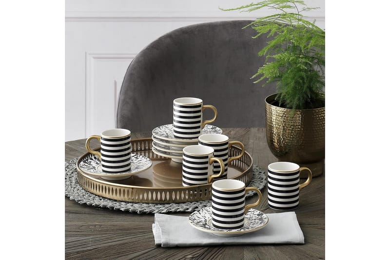 Subatan Kaffekoppsett 12 Deler - Porselen/Hvit/Gull/Svart - Kaffekopp & kaffekrus - Porselen - Mugger & kopper
