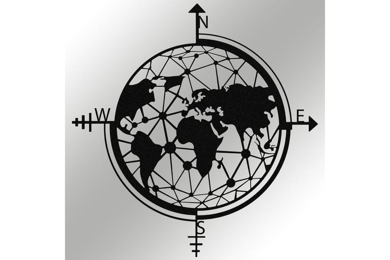 World Map Veggdekor - Svart - Metallskilt