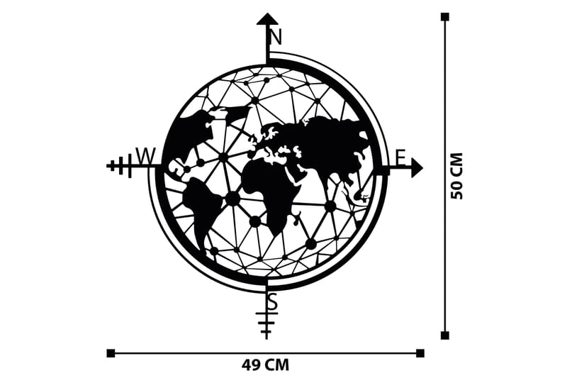 World Map Veggdekor - Svart - Metallskilt