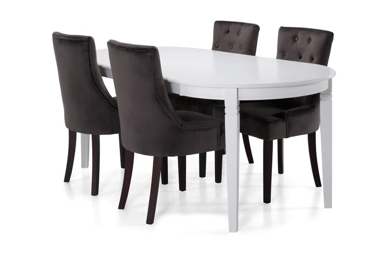 Läckö Spisebord med 6 Viktoria Lenestoler - Hvit/Mørkegrå/Fløyel - Spisegrupper