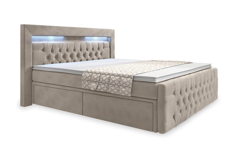Franco Sengepakke 180x200 LED-belysning - Beige/Fløyel - Komplett sengepakke - Seng med oppbevaring - Dobbeltsenger