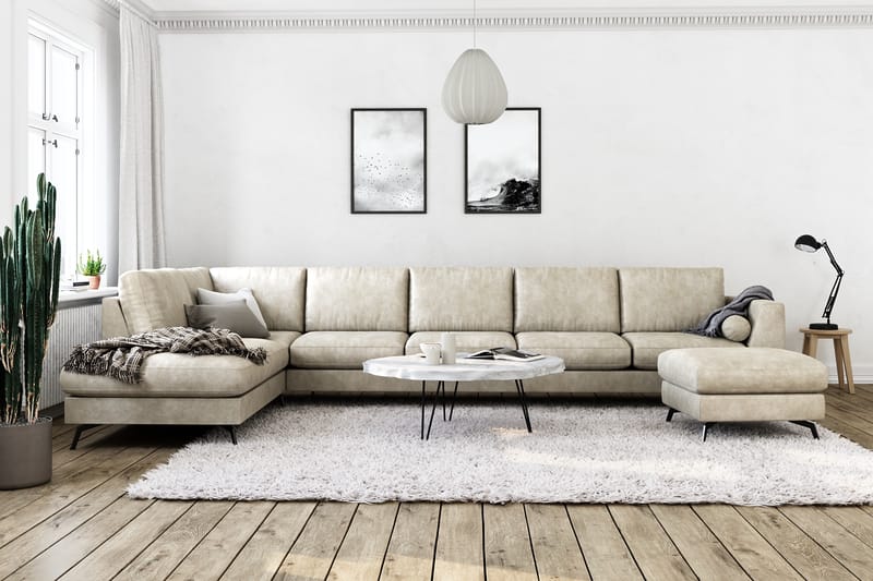 Ocean Lyx U-sofa med Sjeselong Venstre - Beige/Lær - Sofa med sjeselong
