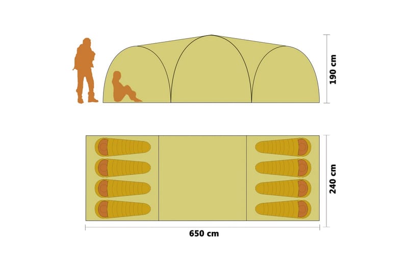Campingtelt igloformet 650x240x190 cm for 8 personer gul - Gul - Familietelt - Telt