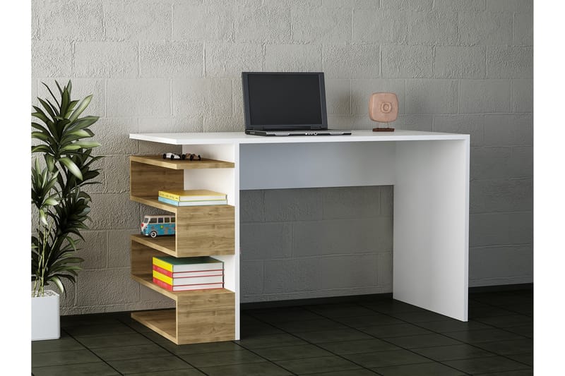 Asillane Skrivebord 120 cm med Sideoppbevaring - Hvit/Valnøttsbrun - Skrivebord
