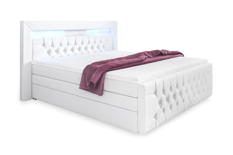 Franco Lyx Sengepakke 140x200 LED-belysning - Hvit/Kunstlær - Komplett sengepakke - Seng med oppbevaring - Dobbeltsenger