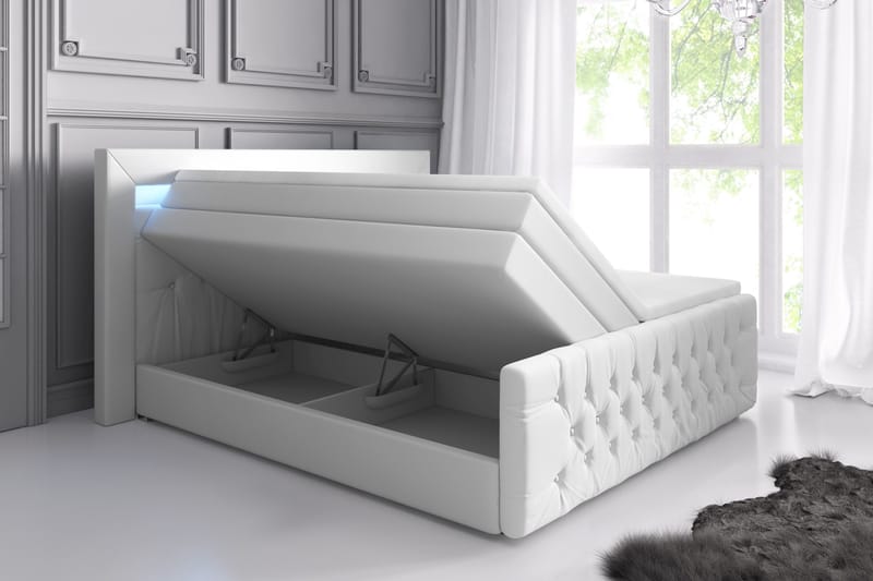 Franco Lyx Sengepakke 140x200 LED-belysning - Hvit/Kunstlær - Komplett sengepakke - Seng med oppbevaring - Dobbeltsenger