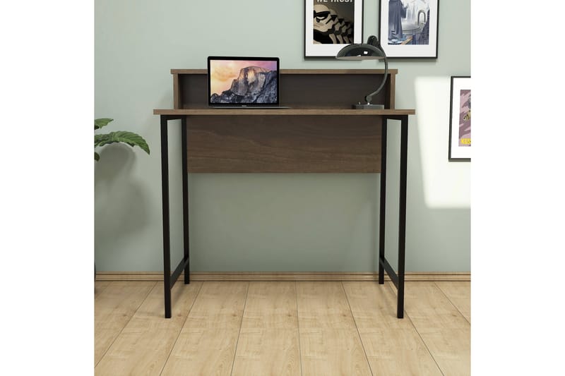 Puqa Design Skrivebord 90 cm med Oppbevaringshylle - Valnøttsbrun/Svart - Skrivebord