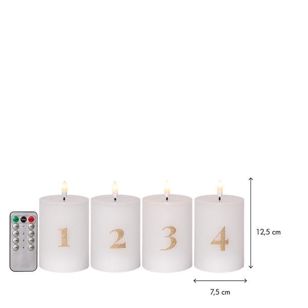 Flamme Advent LED-kubbelys 4-pakning 7,5 cm - hvit med gullsifre - Belysning - Innendørsbelysning & Lamper - Dekorasjonsbelysning