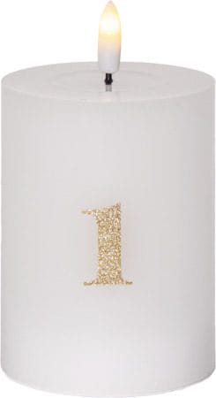 Flamme Advent LED-kubbelys 4-pakning 7,5 cm, hvit med gullsifre