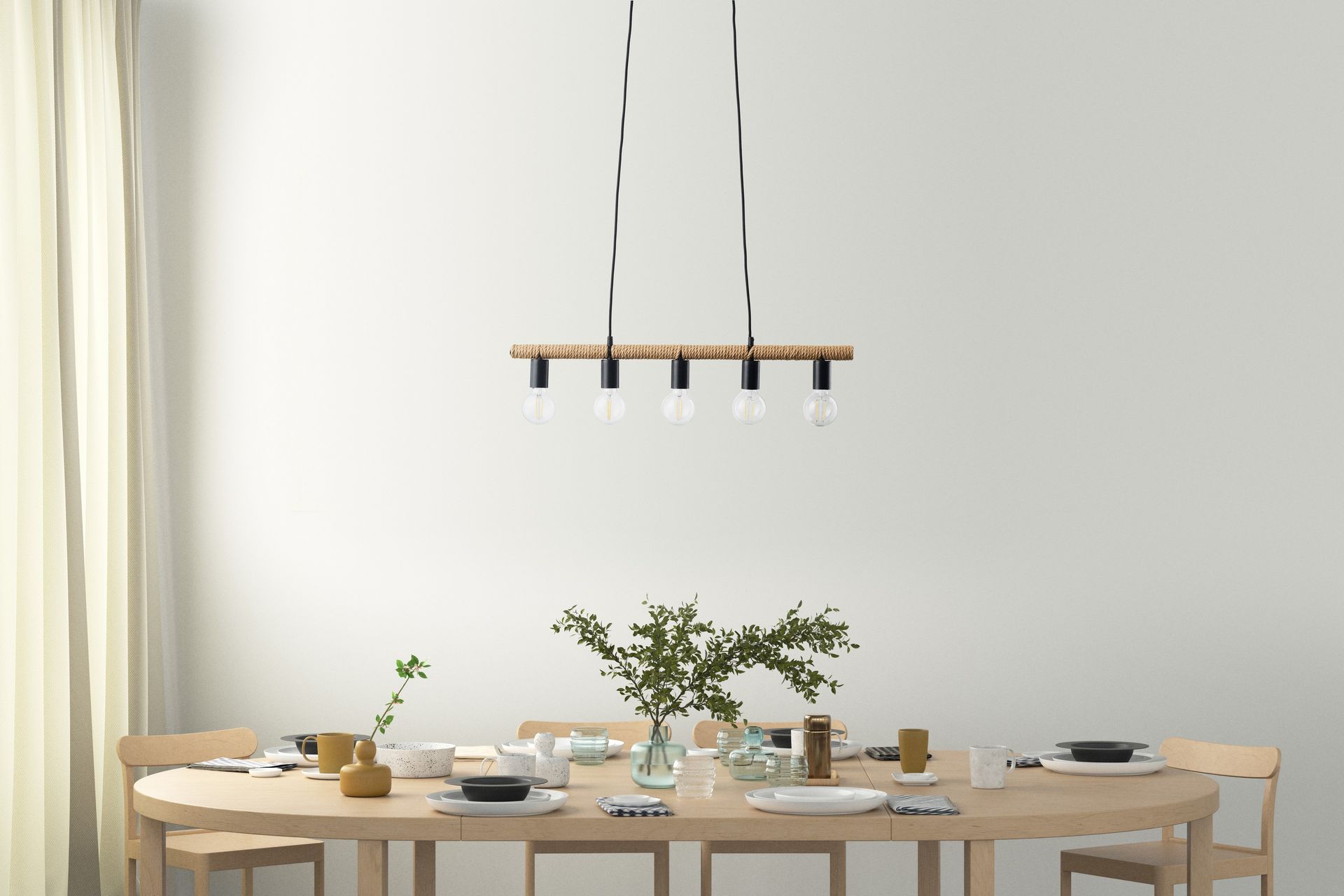 Trio Lighting Einar taklampe 5L E27 matt sort/sisal - Matt svart/Beige - Belysning - Innendørsbelysning & Lamper - Kjøkkenlampe - Taklampe kjøkken