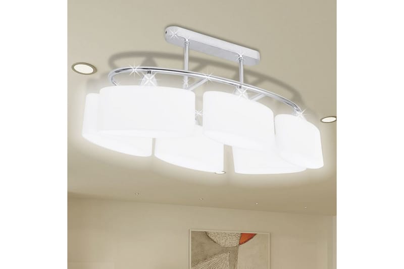 Taklampe med ellipsoide glasskjermer for 6 E14-lysprer - Hvit/Krom - Plafondlampe - Stuelampe - Soveromslampe