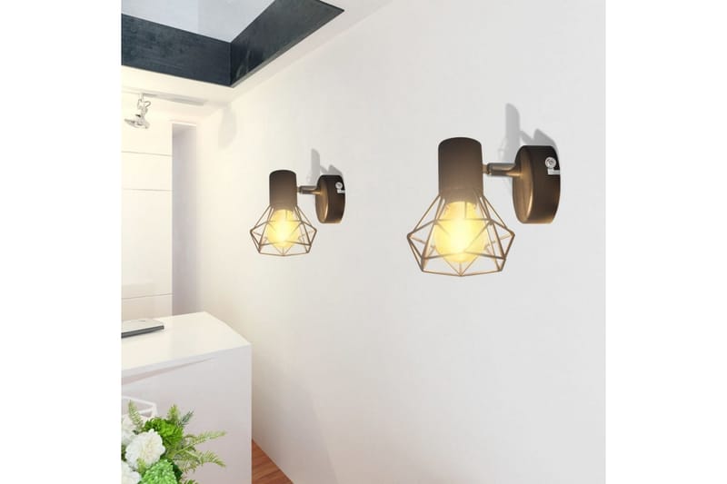 2 Sorte Vegglampetter, trådramme industriell stil 4 LED lys - Svart - Nattlampe vegg - Soveromslampe - Vegglampe - Veggarmatur