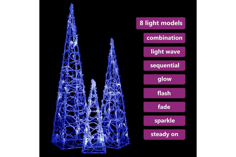 Dekorativt LED lyskjeglesett i akryl blå 30/45/60cm - Blå - Øvrig julebelysning