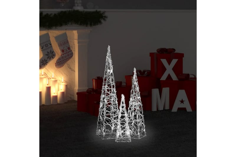 Dekorativt LED lyskjeglesett i akryl kald hvit 30/45/60cm - Øvrig julebelysning
