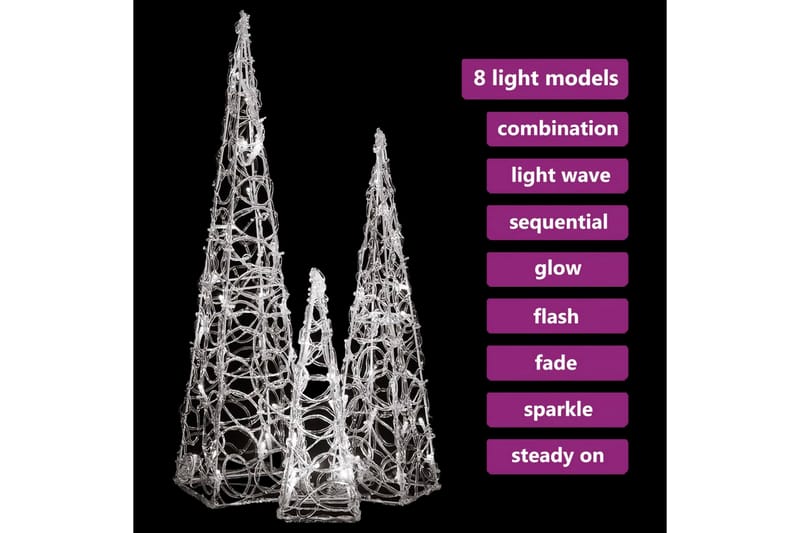 Dekorativt LED lyskjeglesett i akryl kald hvit 30/45/60cm - Øvrig julebelysning