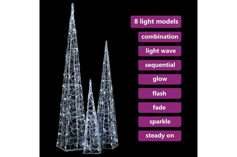Dekorativt LED lyskjeglesett i akryl kald hvit 60/90/120cm - Øvrig julebelysning