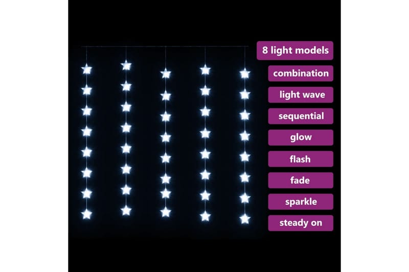 Eventyrlysgardin stjerner 200 LED kaldhvit 8 funksjoner - Hvit - Øvrig julebelysning