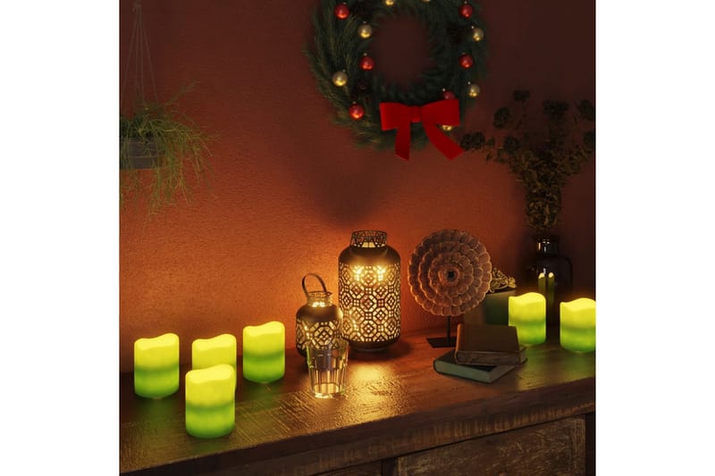 Flammefrie LED-stearinlys 12 stk med fjernkontroll varmhvit - grønn - Øvrig julebelysning