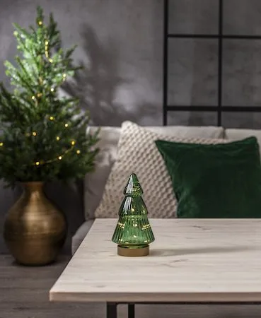 Verde juledekorasjon i glass 19,5 cm, transparent mørkegrønn med gullfarget sokkel