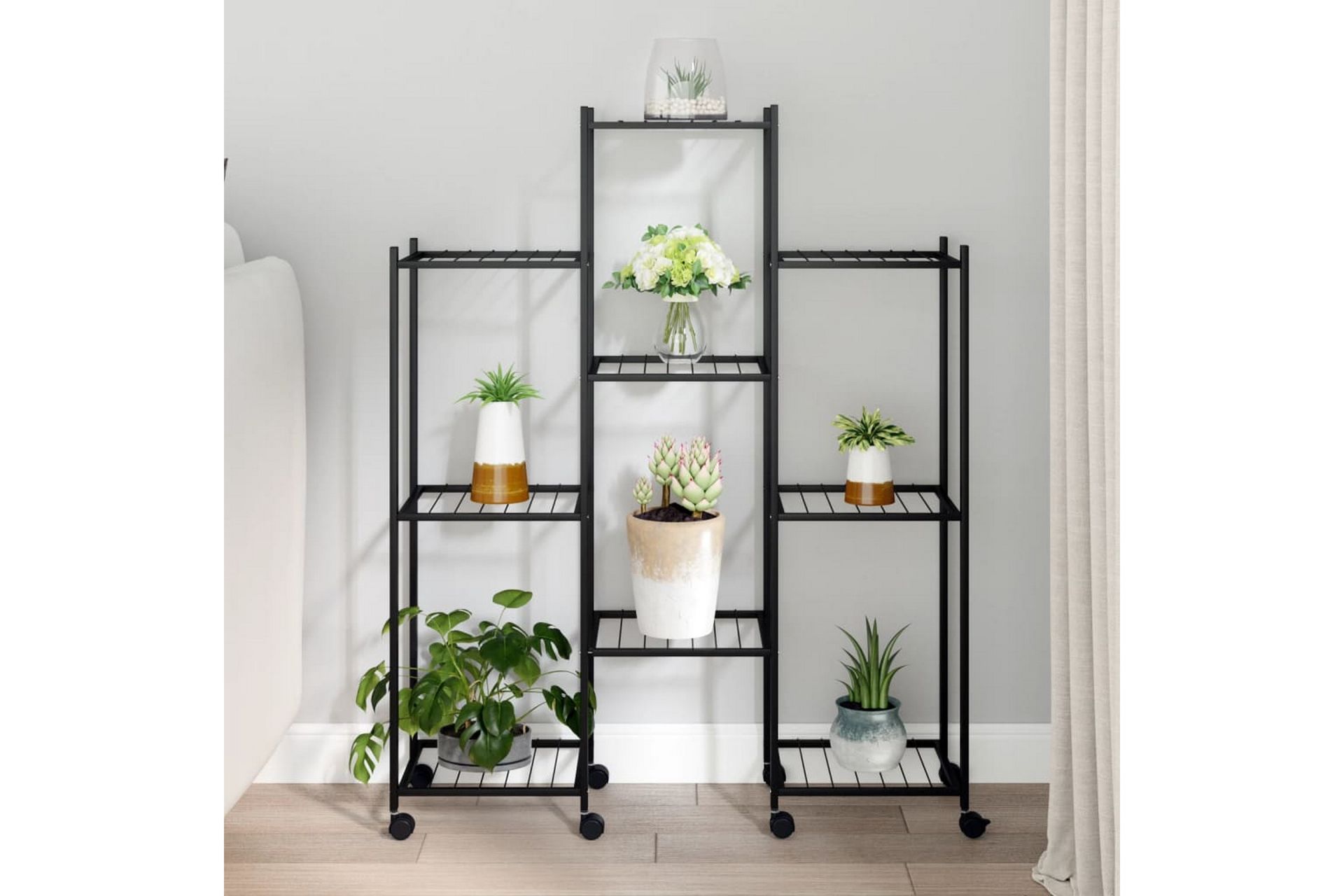 beBasic Blomsterstativ med hjul 83x25x103,5 cm svart jern - Svart - Hage - Dyrking & hagearbeid - Dyrking - Blomsterpotter - Blomsterhylle & blomsterstativ