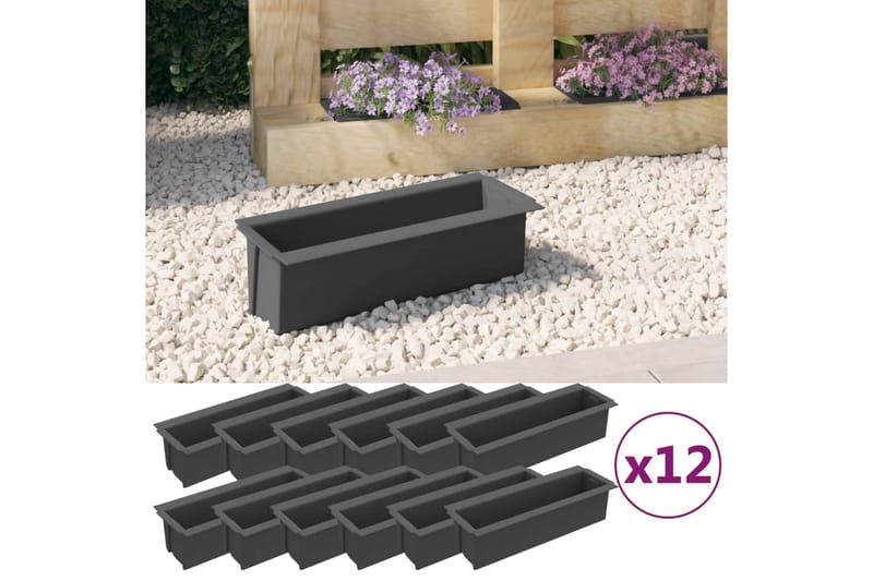 Blomsterkasser for europaller 12 stk grå 36x13,5x9,5 cm PP - Grå - Hage - Dyrking & hagearbeid - Dyrking - Blomsterpotter - Blomsterkasser