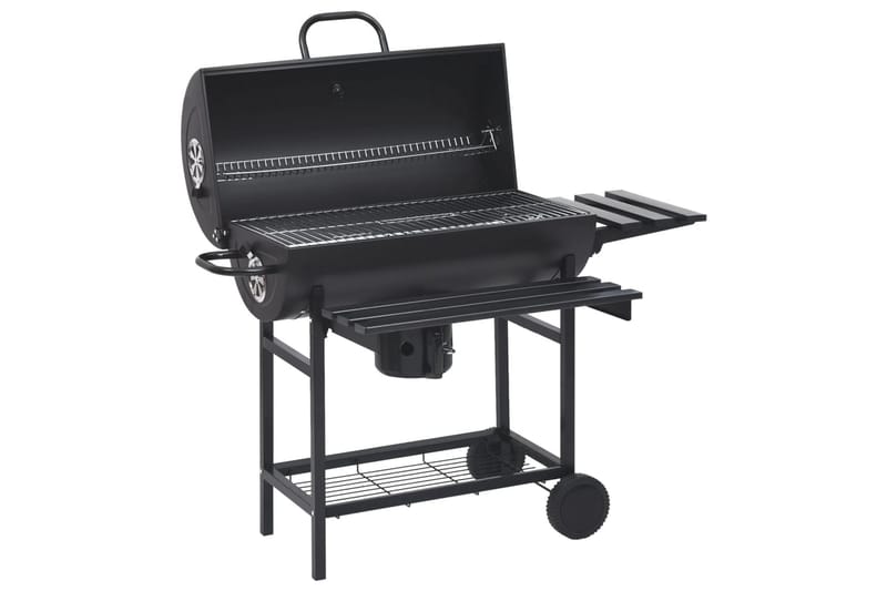 Tønnegrill med hjul og hyller svart stål 115x85x95 cm - Svart - Kullgrill - Grilltønner