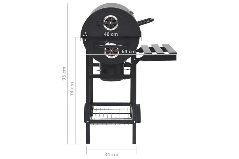 Tønnegrill med hjul og hyller svart stål 115x85x95 cm - Svart - Kullgrill - Grilltønner