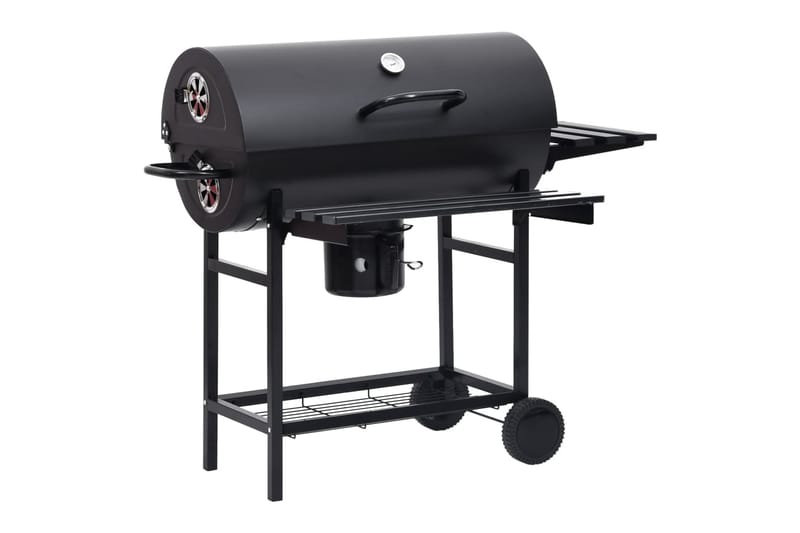 Tønnegrill med hjul og hyller svart stål 115x85x95 cm - Svart - Kullgrill - Grilltønner