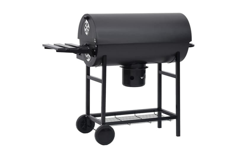 Tønnegrill med hjul og hyller svart stål 115x85x95 cm - Svart - Kullgrill - Grilltønner