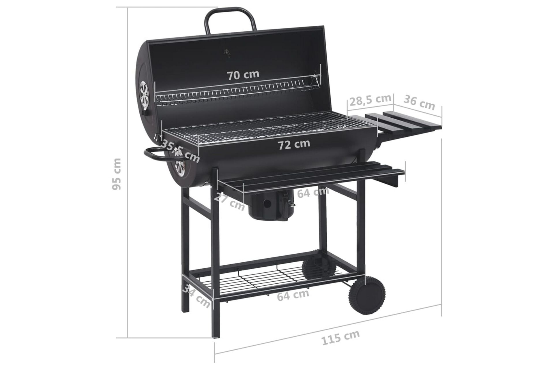 Tønnegrill med hjul og hyller svart stål 115x85x95 cm - Svart - Hage - Griller - Kullgrill