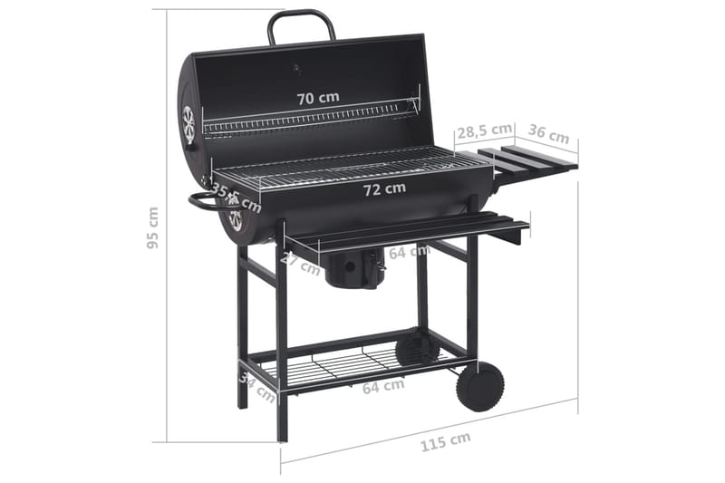 Tønnegrill med hjul og hyller svart stål 115x85x95 cm - Svart - Hage - Griller - Kullgrill