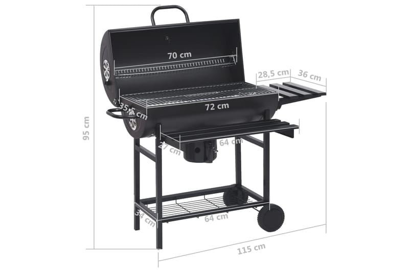 Tønnegrill med hjul og hyller svart stål 115x85x95 cm - Svart - Kullgrill - Grilltønner