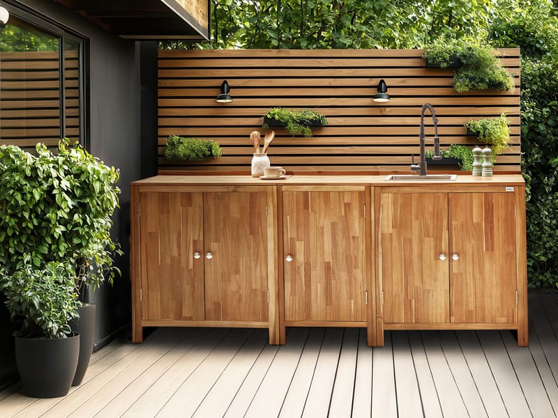3-delt utekjøkken med vask Venosa akasietre - Brun/Sølv/Svart - Hage - Griller - Utekjøkken - Komplette utekjøkken