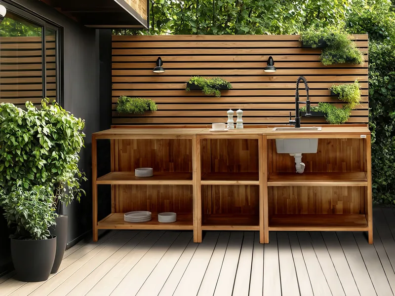3-delt utekjøkken med vask Venosa akasietre - Brun/Svart/Sølv - Hage - Griller - Utekjøkken - Komplette utekjøkken