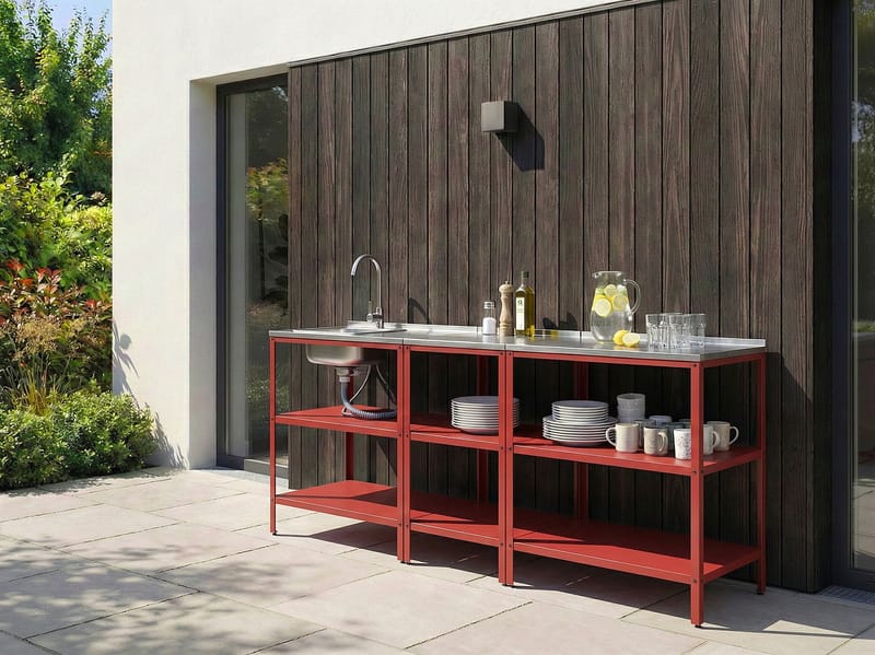 3-delt utekjøkken med vask Vilama Stål - Rød/Sølv - Hage - Griller - Utekjøkken - Komplette utekjøkken