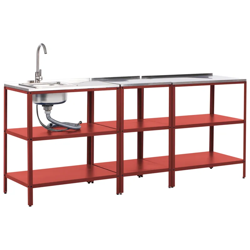3-delt utekjøkken med vask Vilama Stål, Rød/Sølv