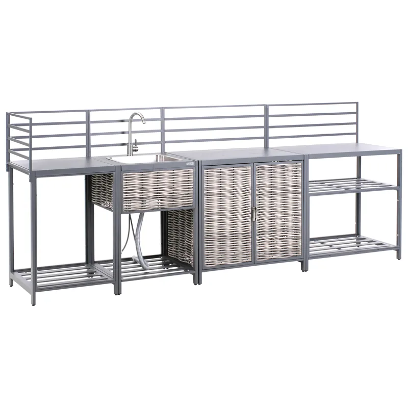 4-delt utekjøkken med vask Mirador kunstrotting, Grå/Beige