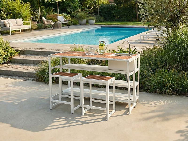 Kjøkkenøy med vask for utendørsbruk Avetrana - Hvit/Brun - Hage - Griller - Utekjøkken - Komplette utekjøkken