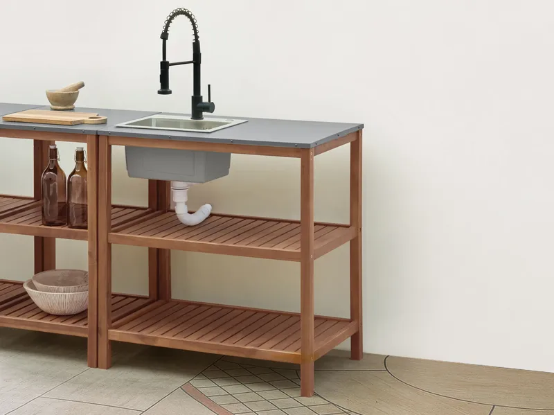 Kjøkkenøy med vask for utendørsbruk Brucoli akasietre - Brun/grå/svart/sølv - Hage - Griller - Utekjøkken - Komplette utekjøkken