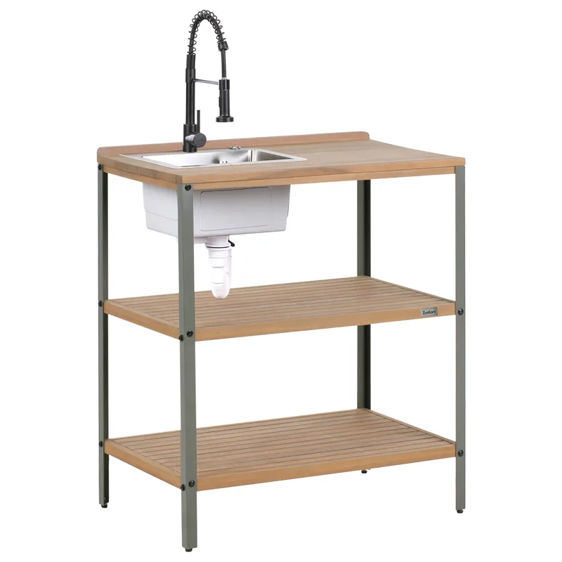 Kjøkkenøy med vask for utendørsbruk Ivrea akasietre, Brun/Grå/Svart