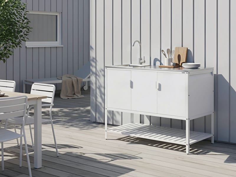 Kjøkkenskap med vask for utendørsbruk Maenza Stål - Hvit/svart - Hage - Griller - Utekjøkken - Komplette utekjøkken