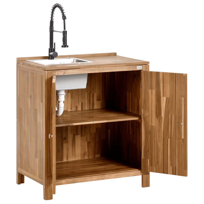 Kjøkkenskap med vask for utendørsbruk Venosa akasietre - Brun/Sølv/Svart - Hage - Griller - Utekjøkken - Komplette utekjøkken