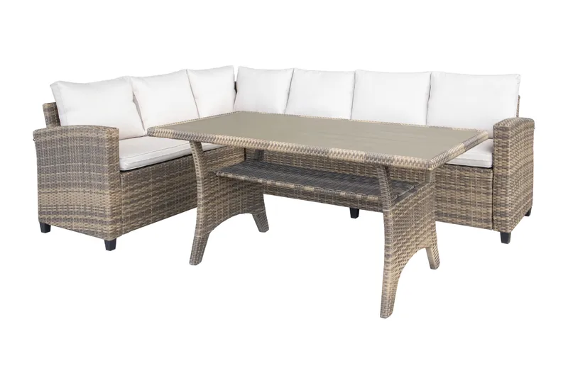 James Light Stor L-formet Vendbar Loungegruppe for Utendørs i Kunstrotting med Oppbevaring og Hvite Puter, Natur