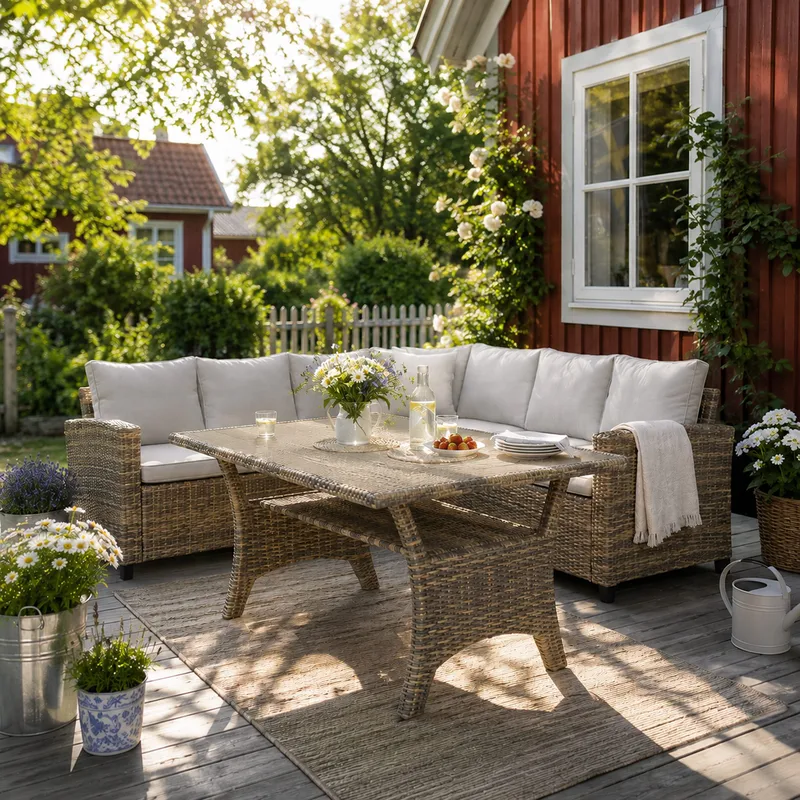 James Light Stor L-formet Vendbar Loungegruppe for Utendørs i Kunstrotting med Oppbevaring og Hvite Puter - Natur - Hagemøbler - Loungemøbler - Sofagruppe utendørs