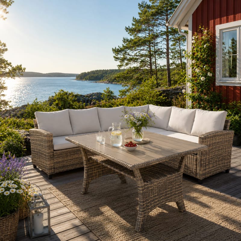 James Light Stor L-formet Vendbar Loungegruppe for Utendørs i Kunstrotting med Oppbevaring og Hvite Puter - Natur - Hagemøbler - Loungemøbler - Sofagruppe utendørs