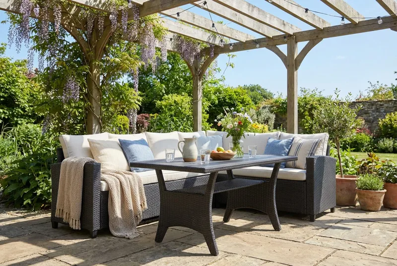 James Light Stor L-formet Vendbar Loungegruppe for Utendørs i Kunstrotting med Oppbevaring og Hvite Puter - Svart - Hage - Utemiljø - Veranda & terrasse - Verandamøbler